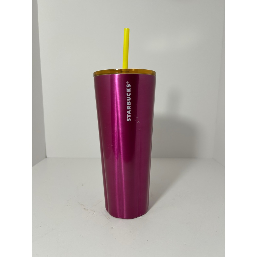 Starbucks 24oz Magenta Pink Pleated Stainless Steel Tumbler petunia yellow lid
